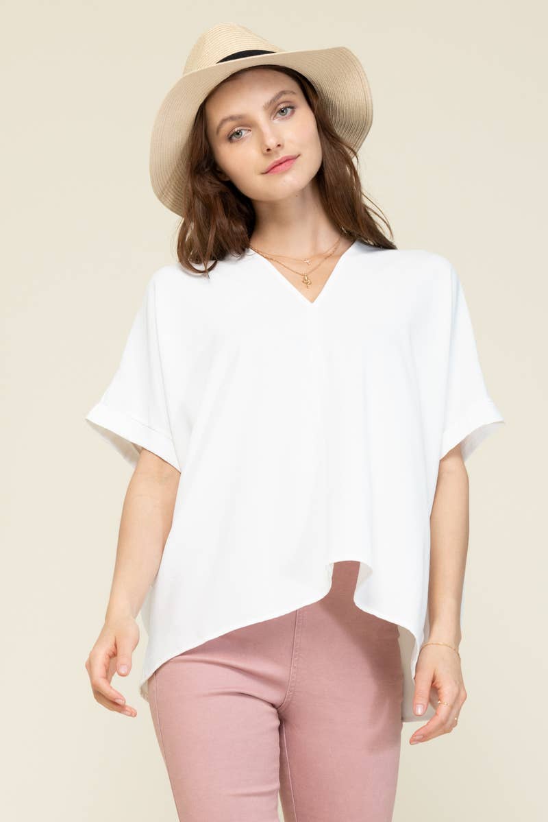 NKT6078B - SOLID DOLMAN SLEEVE V-NECK TOP