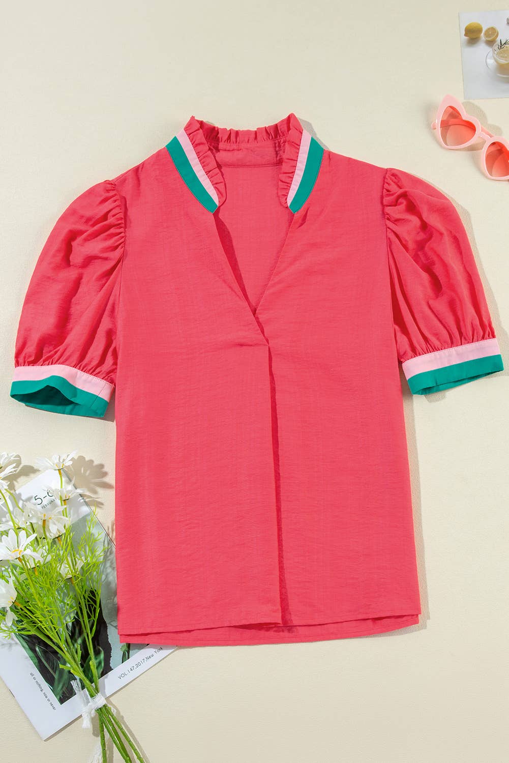 Contrast Color Block Short Sleeve Blouse | S-XL