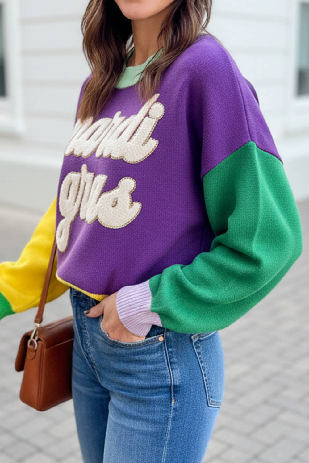 Colorblock Long Sleeve Fuzzy Mardi Gras Sweater | S-XL