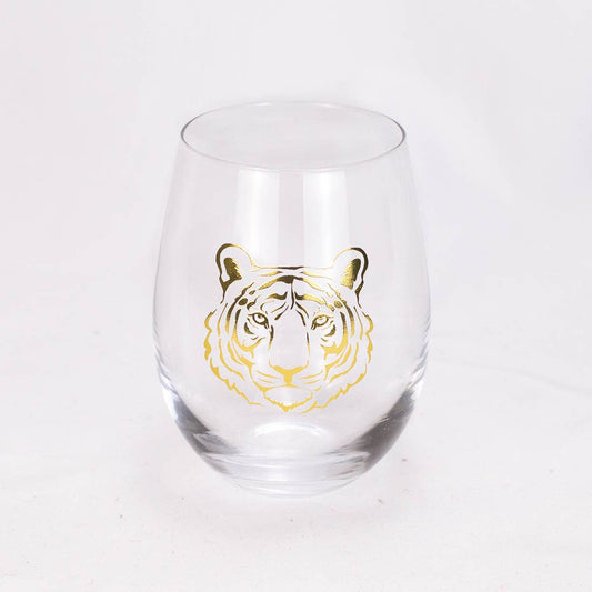 Go Get Em Tiger Wine Glass Gift Set   Clear/Gold   16oz