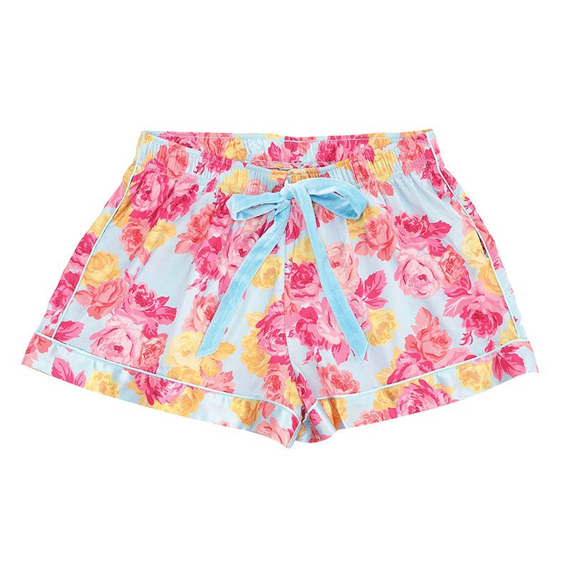 PJ Set with Velvet Tie - Blue + Rose Floral