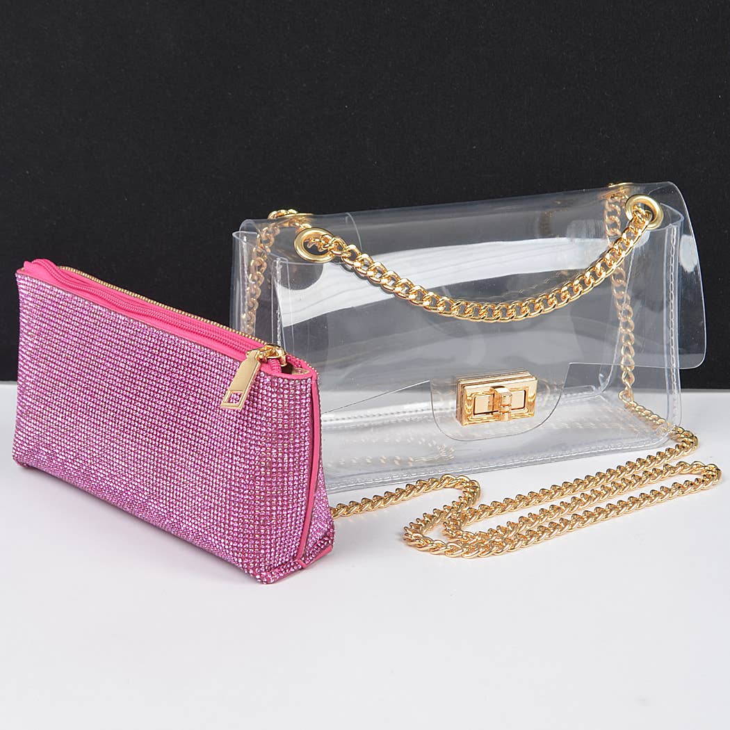 Transparent Crossbody Bag W/Rhinestone Clutch