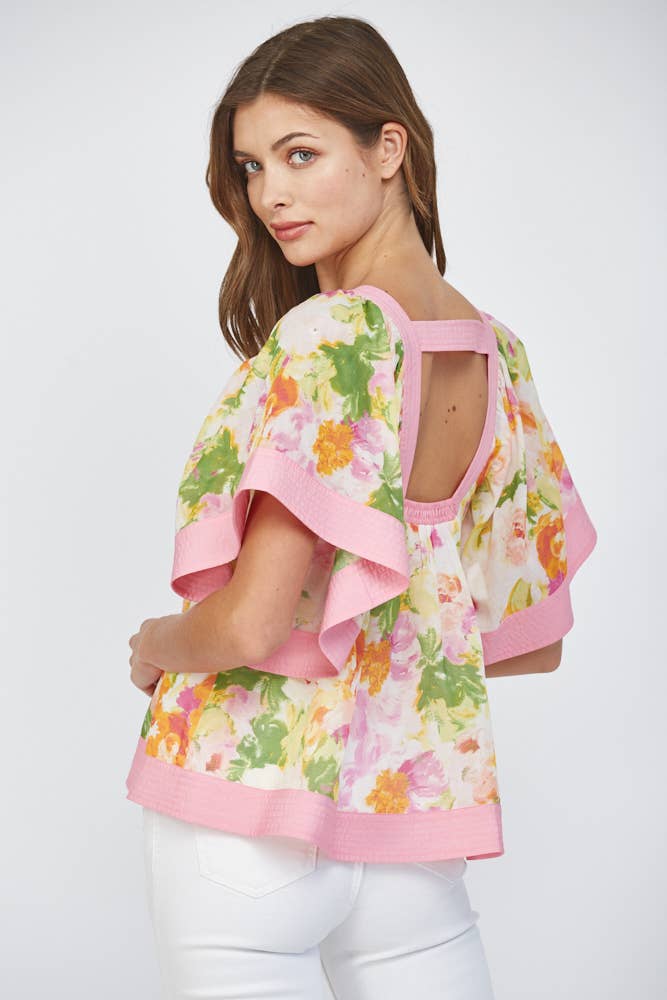 CONTRAST TOP STITCH DETAIL BABYDOLL TOP FT25422