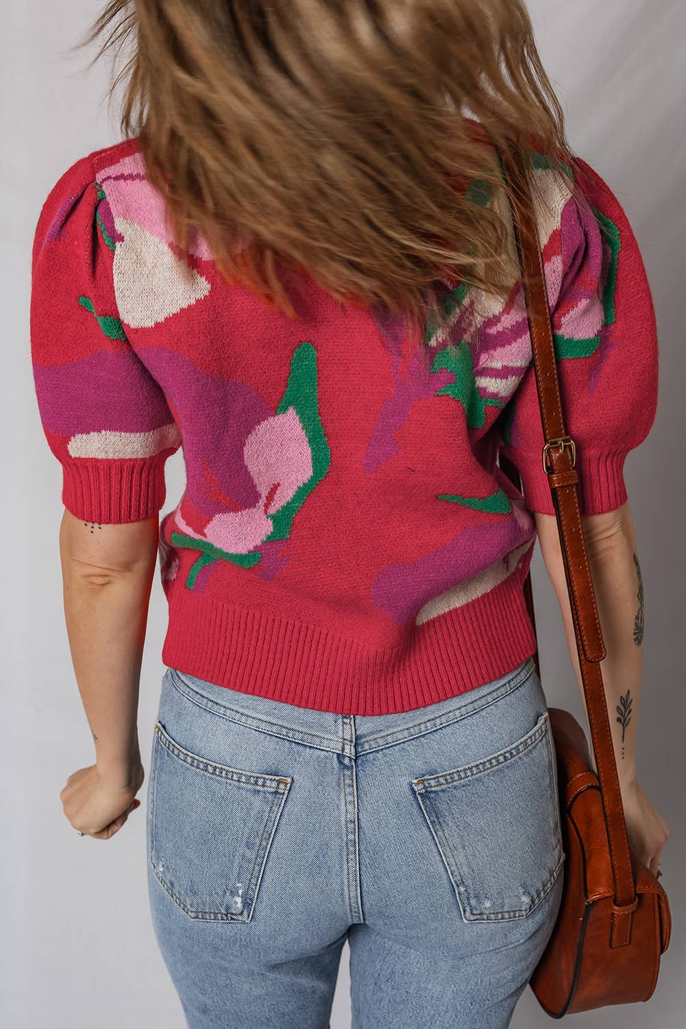 Floral Ribbed Trim Puff Sleeve Sweater | S-XL