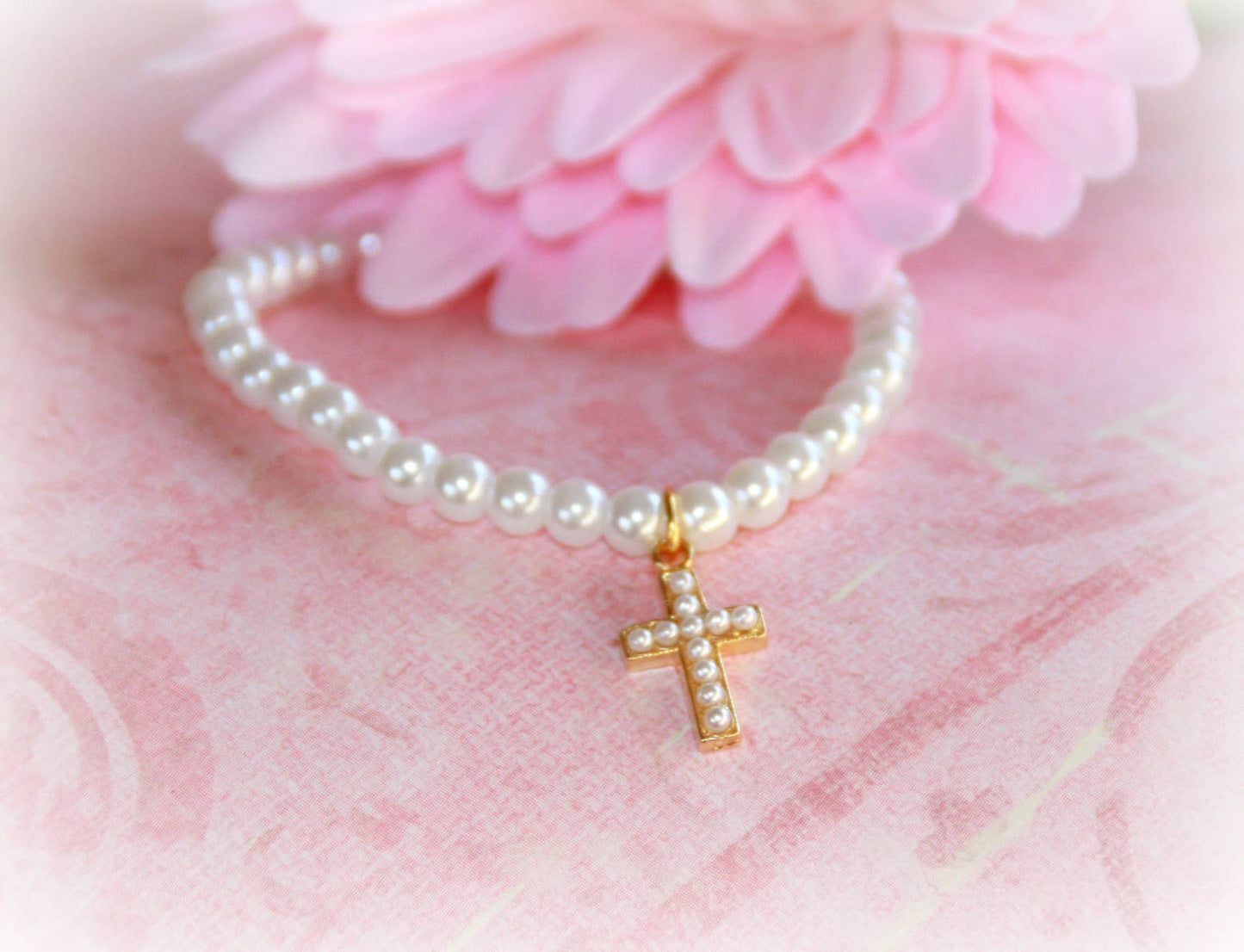 Girl Classic Gold Cross Pearl 6" Bracelet CJ-487