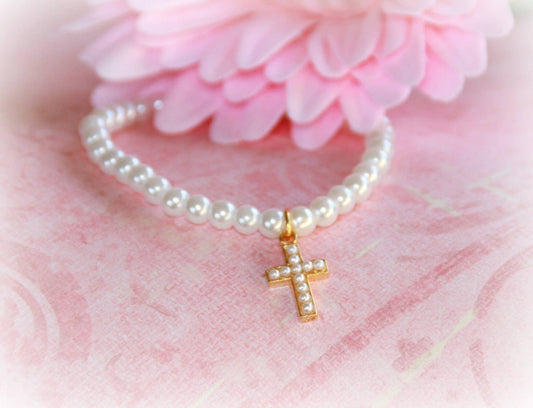 Girl Classic Gold Cross Pearl 6" Bracelet CJ-487