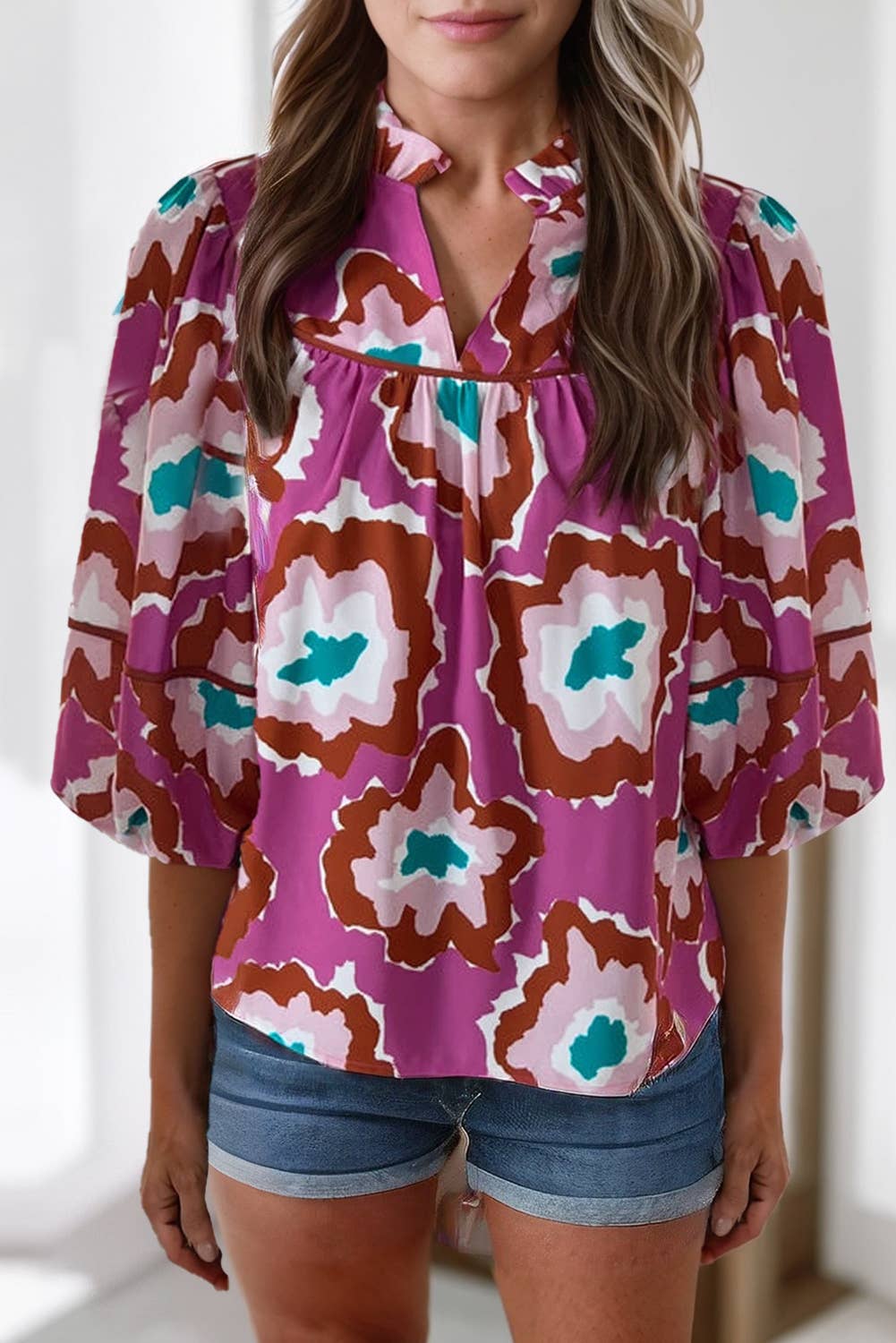 Women Abstract Print Ruched V Neck Half Sleeve Blouse | S-XL