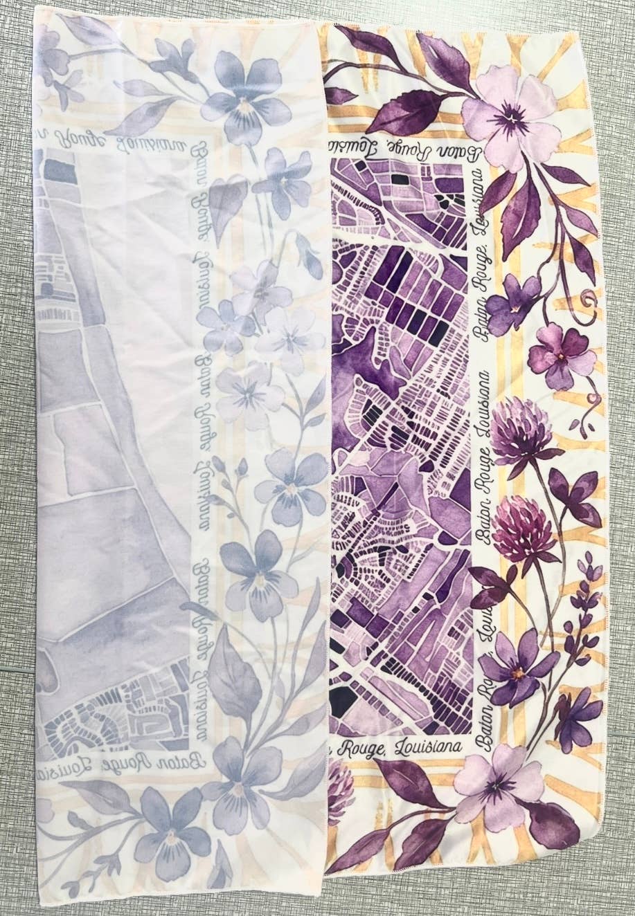 Watercolor Scarf - Baton Rouge Map - Purple & Yellow