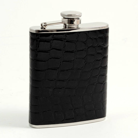 6 oz. Stainless Steel Black "Croco" Leather Flask