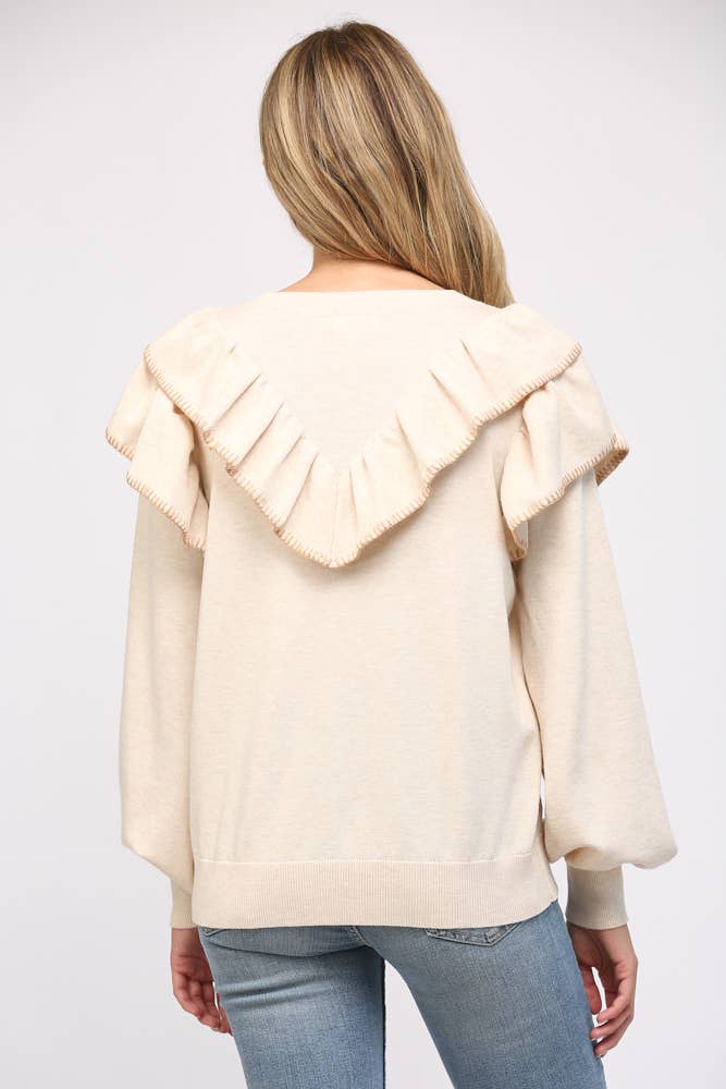 CONTRAST STICHED RUFFLE DETAIL BALLON SLV SWEATER FW12053