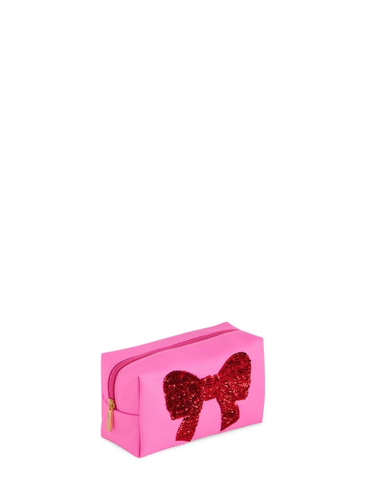 CARA SEQUIN BOW ZIP POUCH,PINK