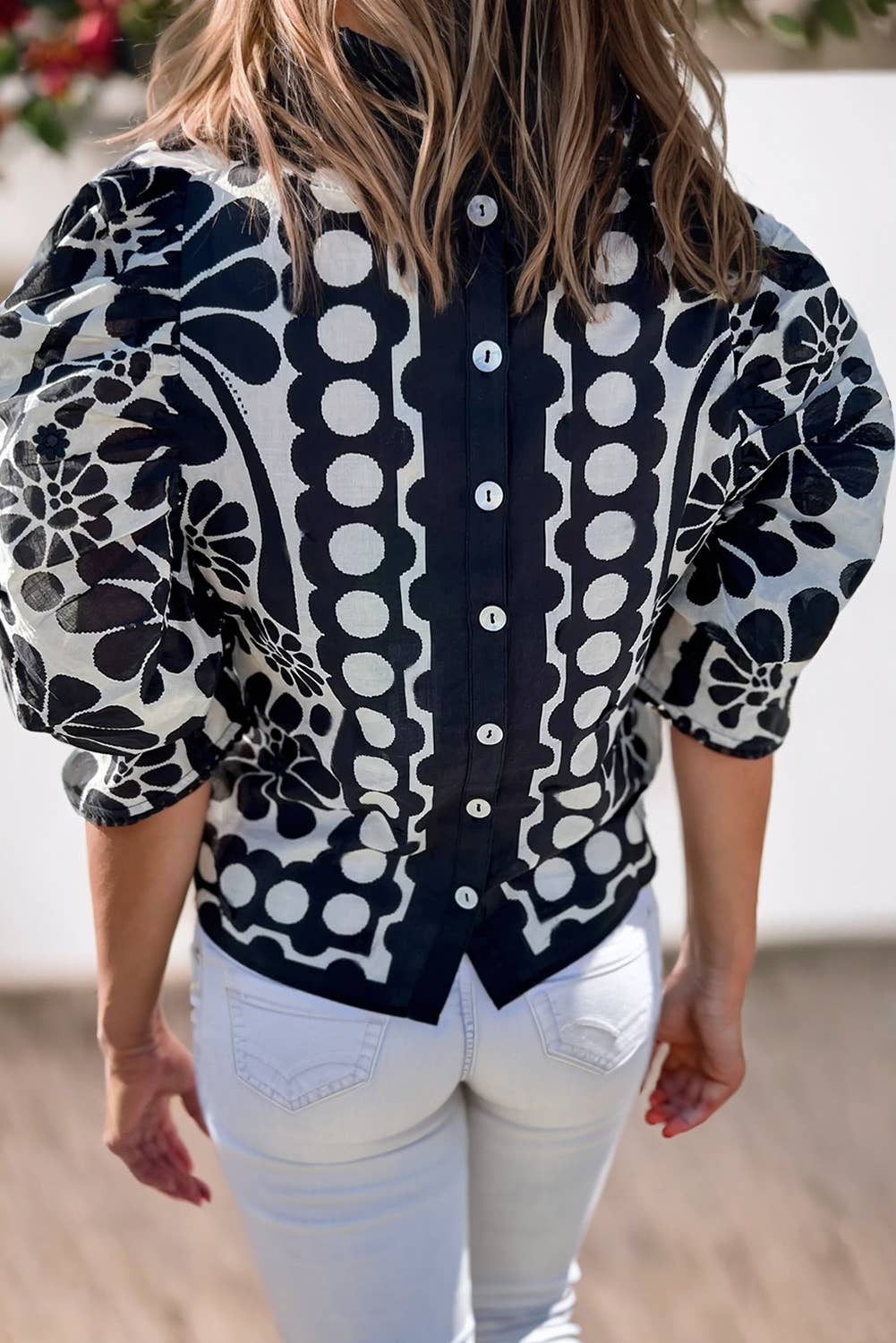 Women Printed Puff Sleeve Buttoned Back Blouse  | S-XL