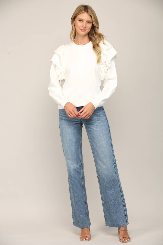 RUFFLE SHOULDER DETAIL WASHED SWEATSHIRT FT21013