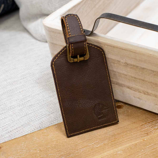 Duck Leather Embossed Luggage Tag   Dark Brown   3x4.75