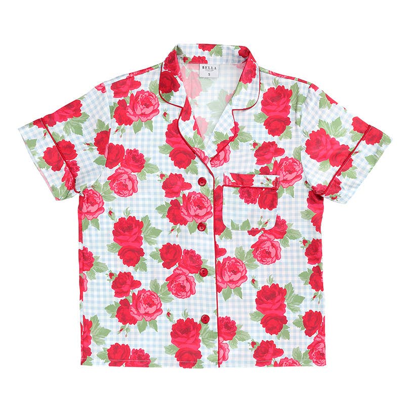 PJ Set with Velvet Tie - Blue Gingham + Red Roses