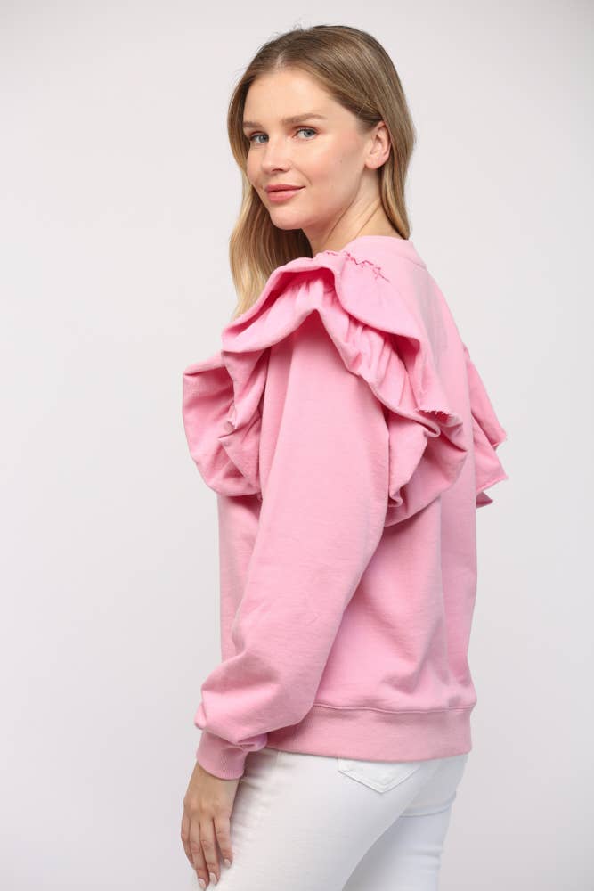 RUFFLE SHOULDER DETAIL WASHED SWEATSHIRT FT21013