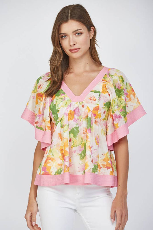 CONTRAST TOP STITCH DETAIL BABYDOLL TOP FT25422