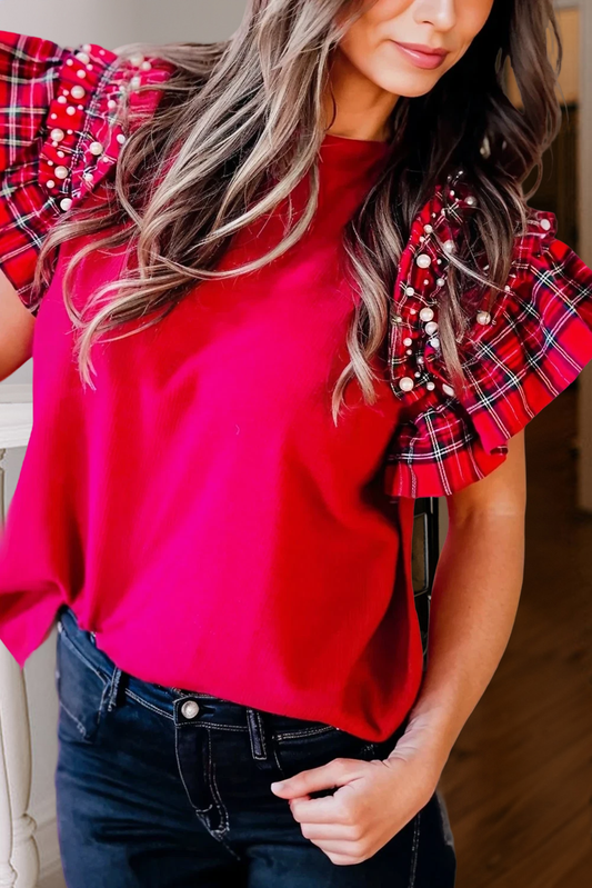 Red Plaid Pearl Ruffle Short Sleeve Christmas Blouse | S-XL
