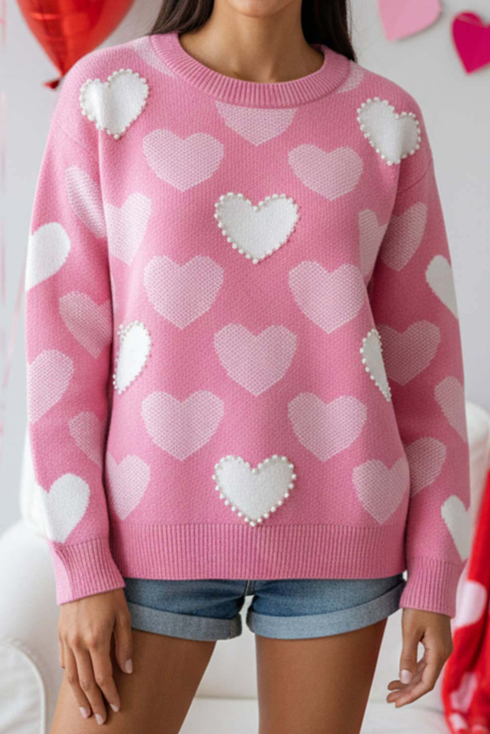 Pearled Heart Print Valentines Day Crew Neck Sweater | S-XL