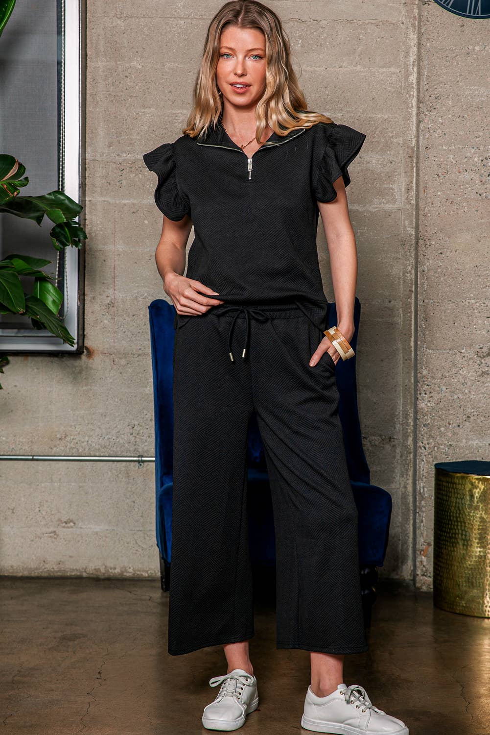 Black Textured Flutter Sleeve Top Wide Leg Pants Set | S-XL