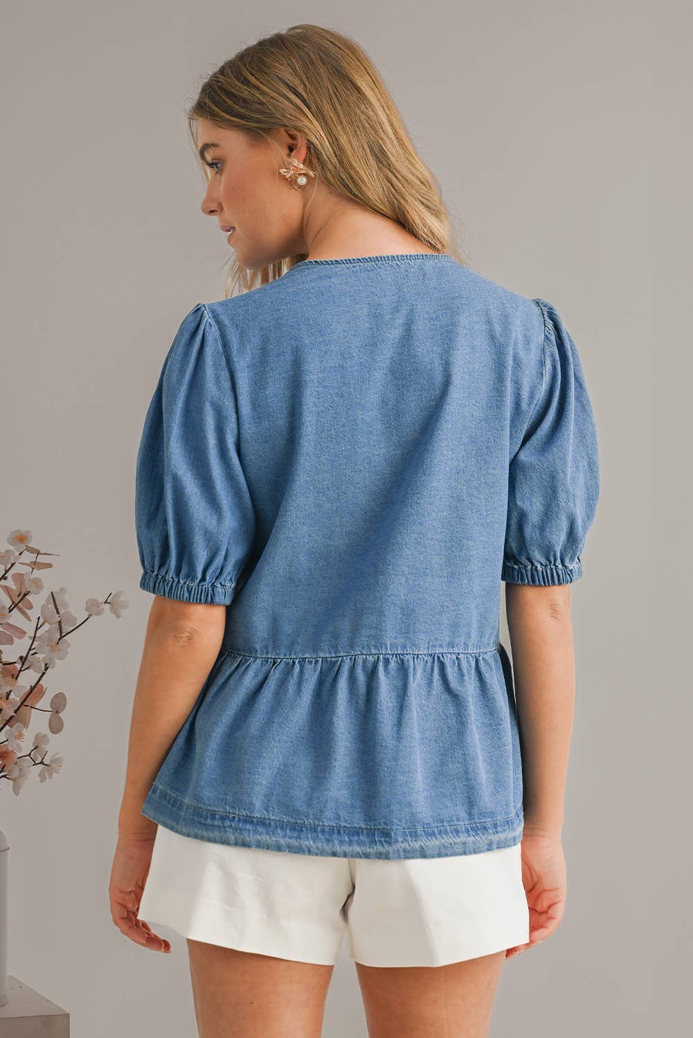 Cute Tied Trim Puff Sleeve Denim Shirt | S-XL