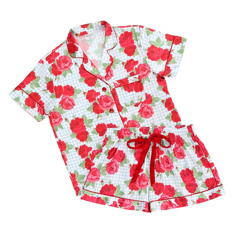 PJ Set with Velvet Tie - Blue Gingham + Red Roses