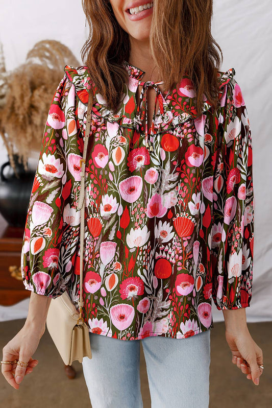 Floral 3/4 Sleeve Tie Neck Blouse | S-XL