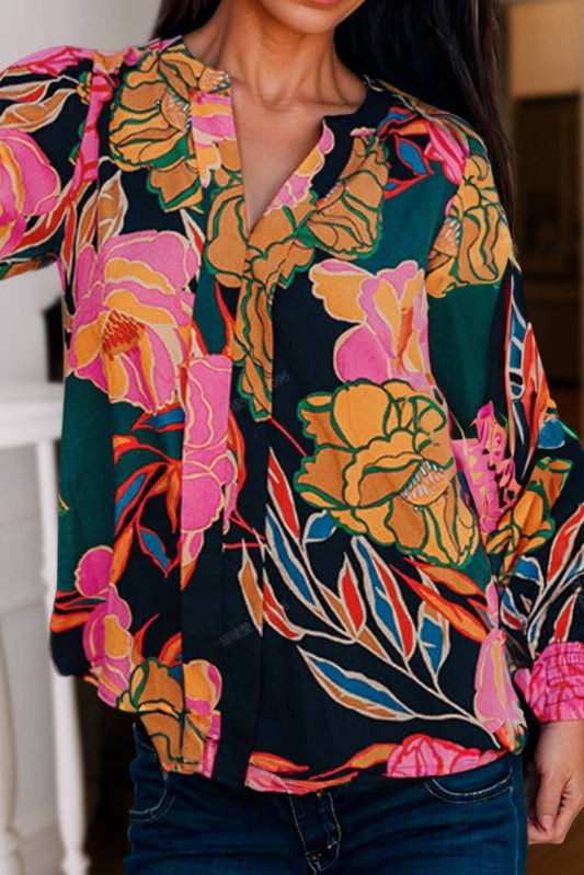 Floral Print Smocked Cuffs V Neck Blouse | S-XL