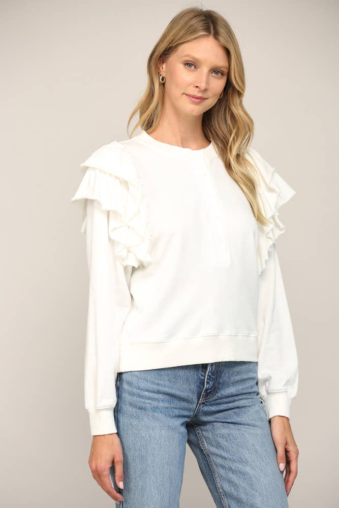 RUFFLE SHOULDER DETAIL WASHED SWEATSHIRT FT21013