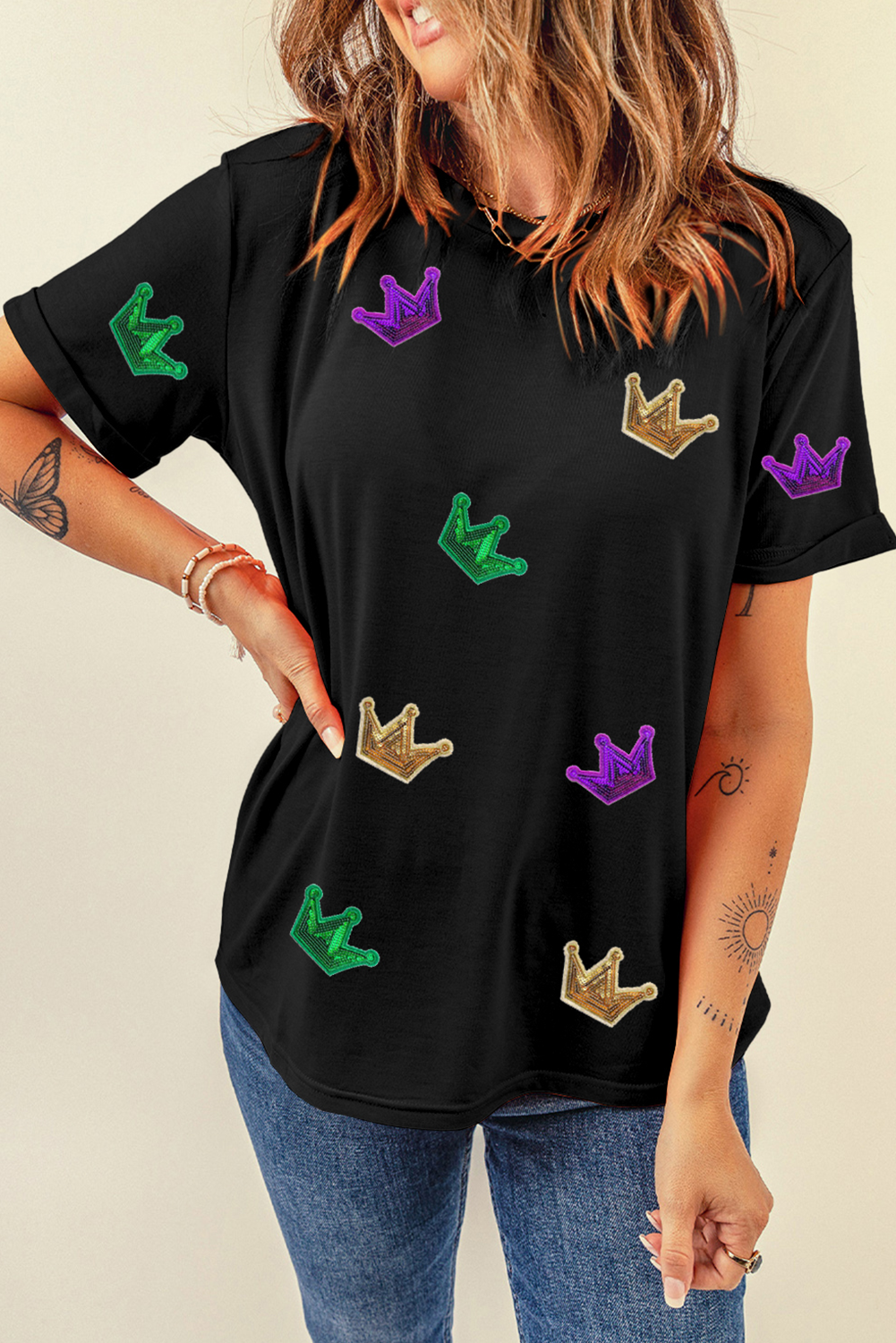 Mardi Gras Crowns Sequin Patch Graphic T Shirt | S-3XL