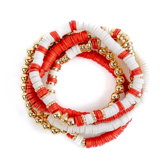 Clay Bead Bracelet Stack   Red/White/Gold   7"