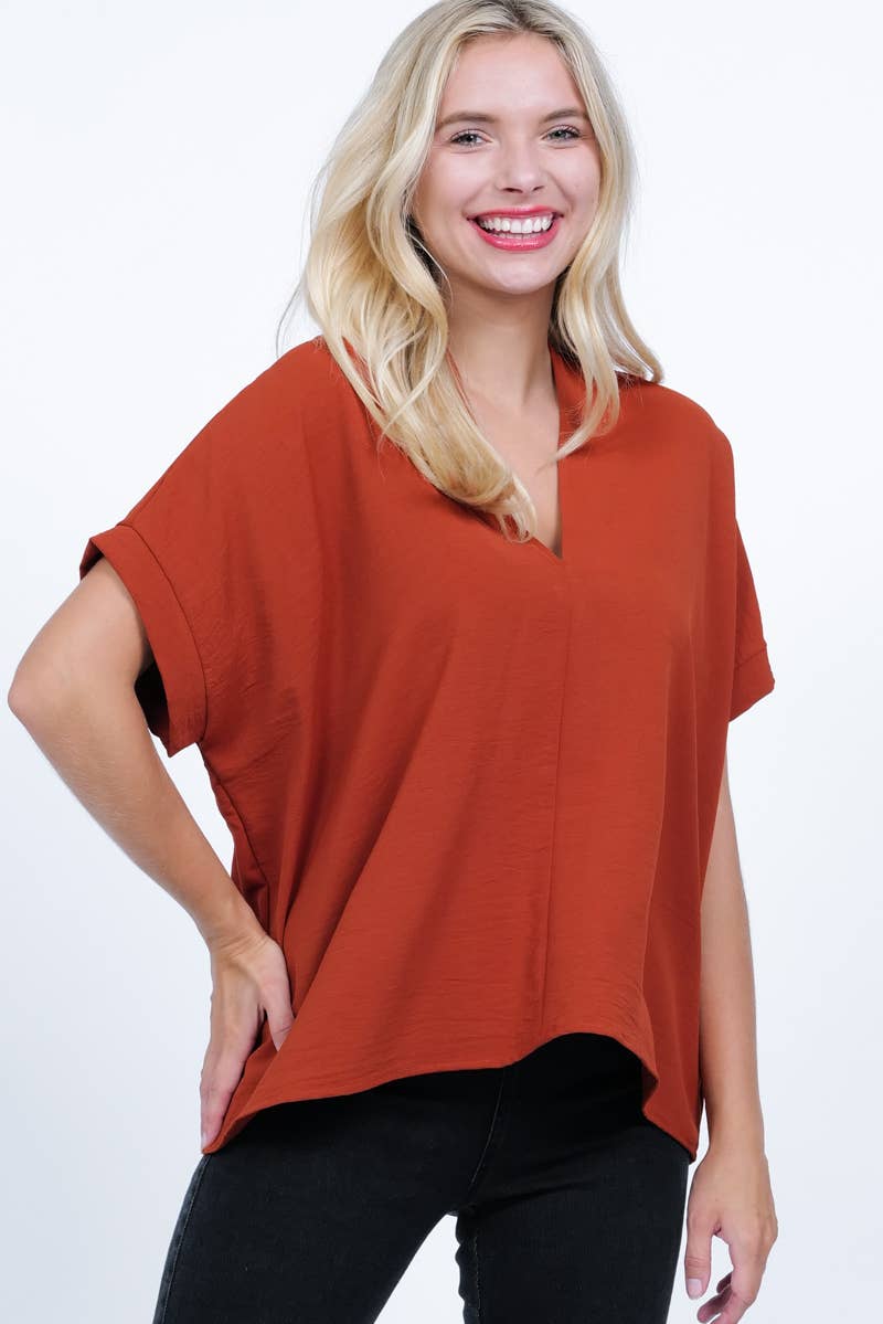 NKT6078B - SOLID DOLMAN SLEEVE V-NECK TOP