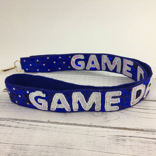 Blue and white sequin GAMEDAY purse strap