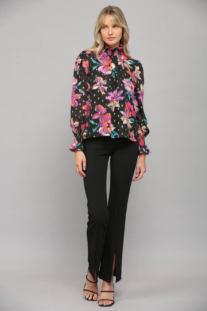 FLORAL PRINT WITH FOIL SMOCKED HIGH NECK BLOUSE FT23040