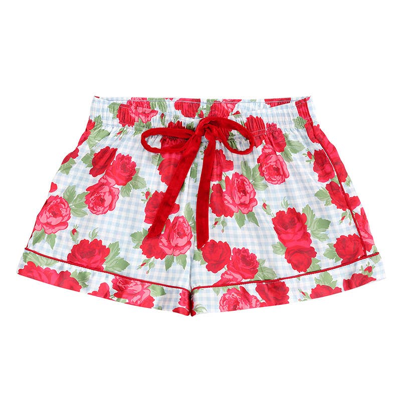 PJ Set with Velvet Tie - Blue Gingham + Red Roses