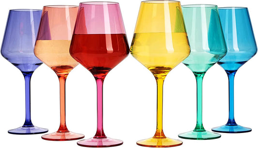 Unbreakable Colored Stemmed Wine Glasses, Acrylic Plastic oz Set - 6