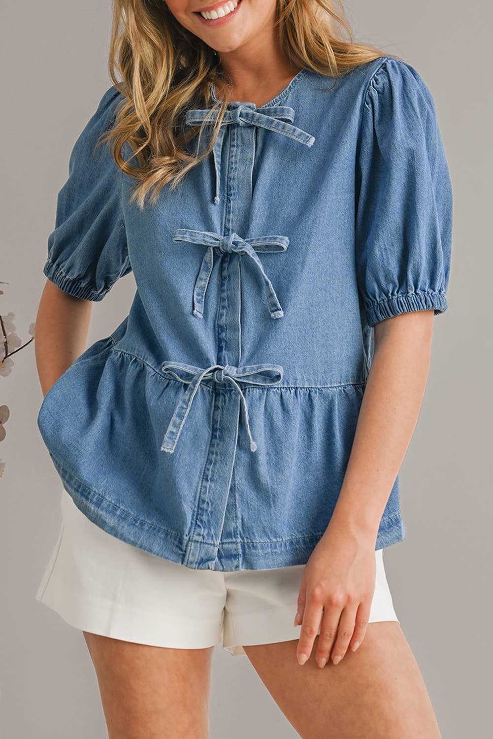 Cute Tied Trim Puff Sleeve Denim Shirt | S-XL
