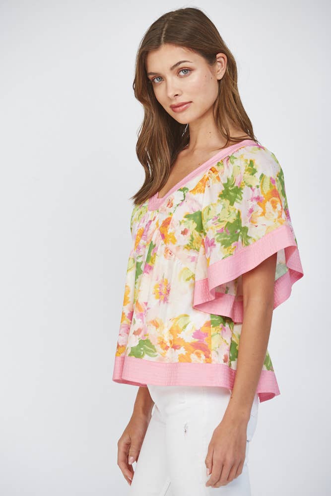 CONTRAST TOP STITCH DETAIL BABYDOLL TOP FT25422