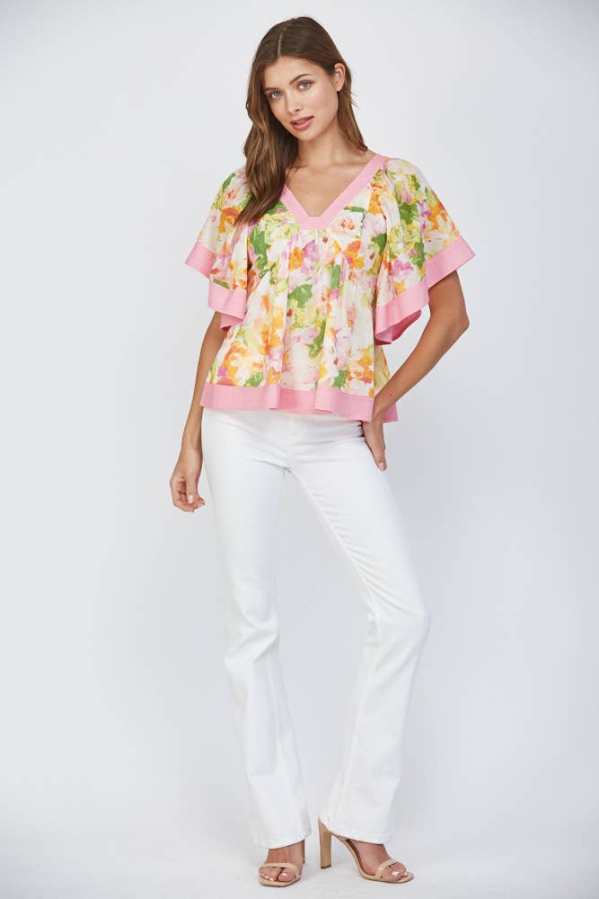 CONTRAST TOP STITCH DETAIL BABYDOLL TOP FT25422