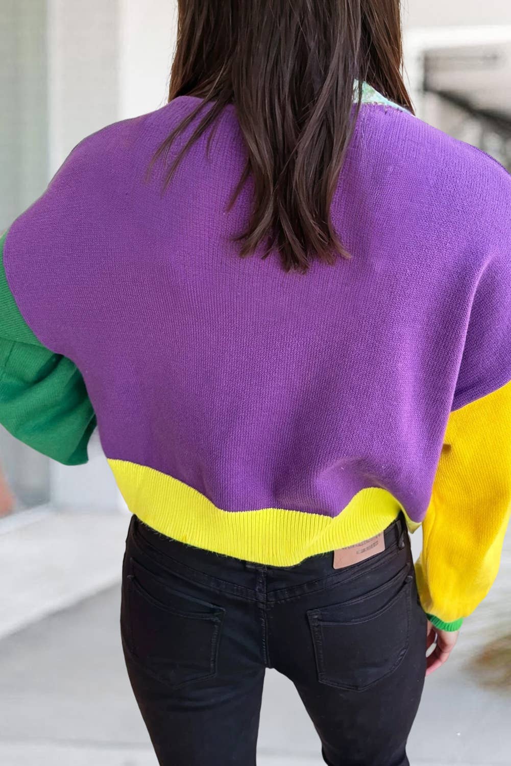 Colorblock Long Sleeve Fuzzy Mardi Gras Sweater | S-XL