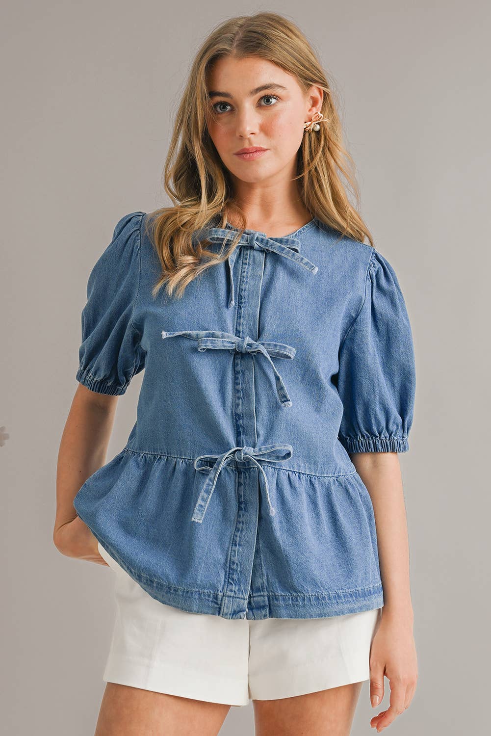 Cute Tied Trim Puff Sleeve Denim Shirt | S-XL