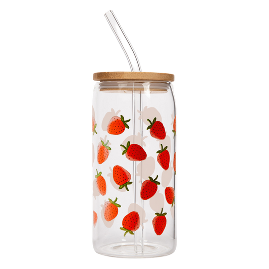 Strawberry 17 oz Can Glass w/ Straw and Lid - Decor & Gifts