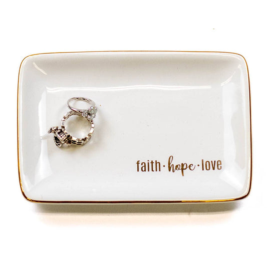 Faith Hope Love Trinket Dish   White/Gold   6x4