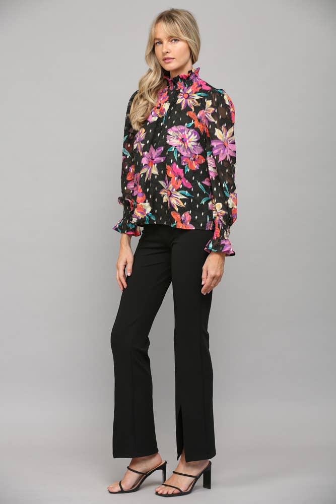 FLORAL PRINT WITH FOIL SMOCKED HIGH NECK BLOUSE FT23040