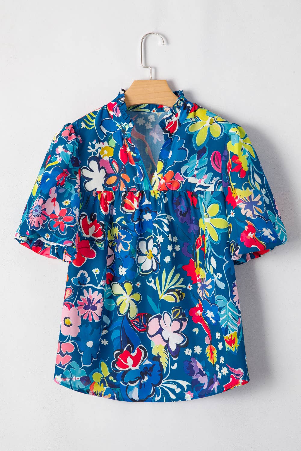 Flower Print Collared Puff Short Sleeve Loose Blouse | S-XL