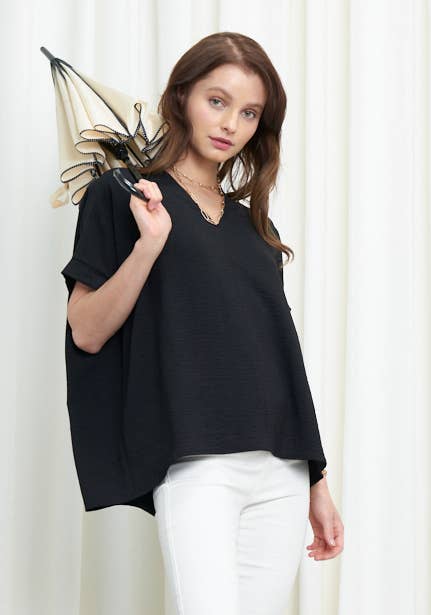 NKT6078B - SOLID DOLMAN SLEEVE V-NECK TOP