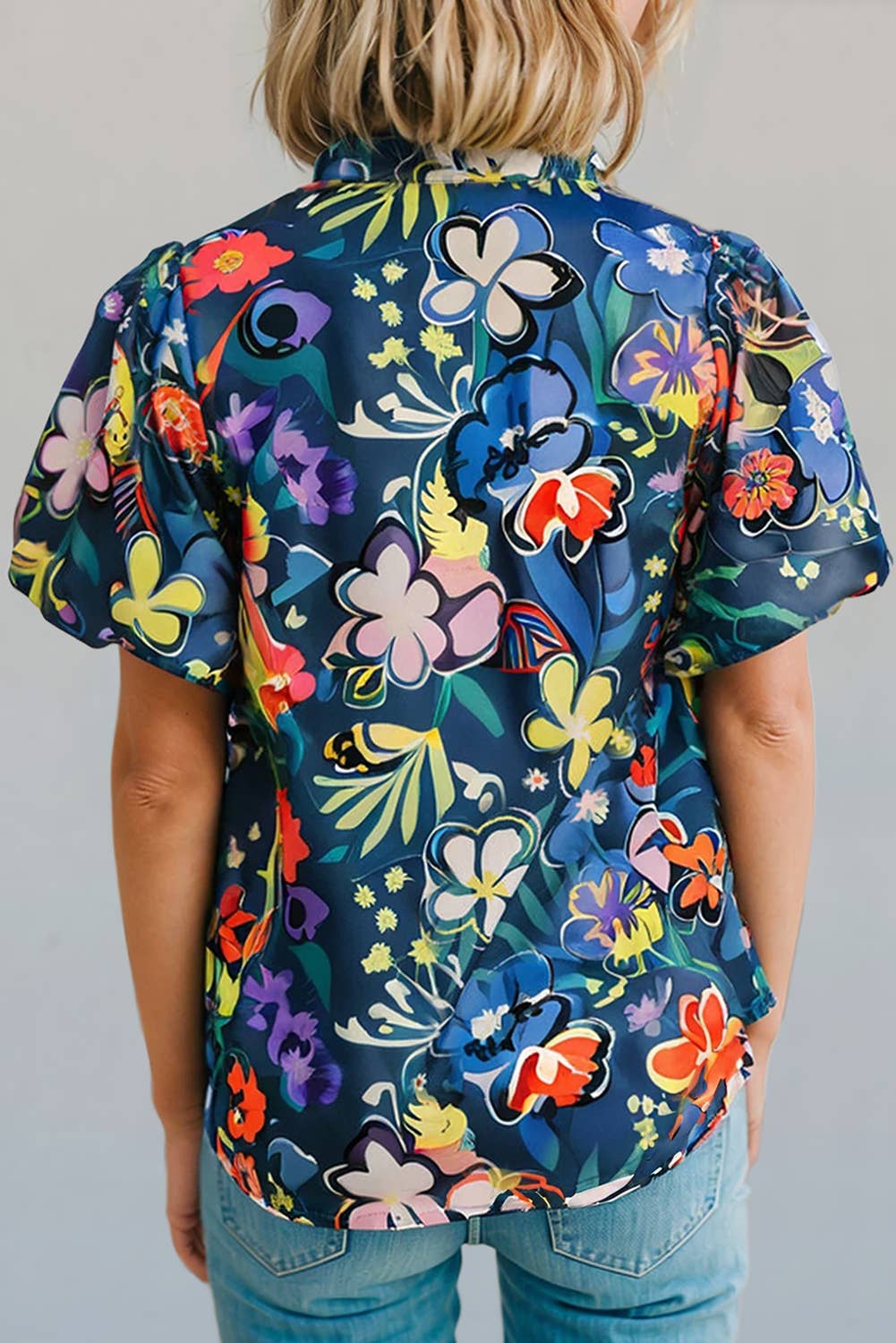 Flower Print Collared Puff Short Sleeve Loose Blouse | S-XL