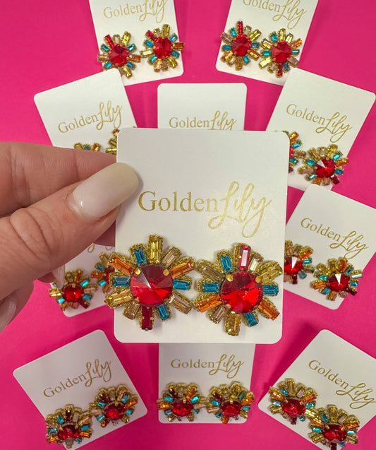 Fall Rhinestone Burst Stud Earrings - Multi