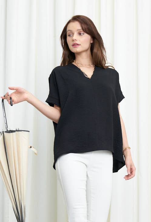 NKT6078B - SOLID DOLMAN SLEEVE V-NECK TOP