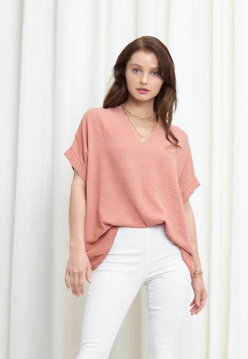 NKT6078B - SOLID DOLMAN SLEEVE V-NECK TOP